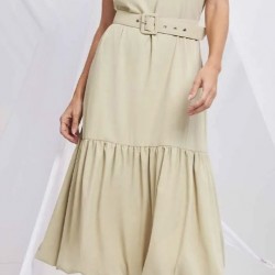 Vestido Mídi de Poliamida Strech com Cinto Gatos e Atos. 