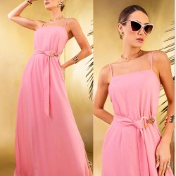 Vestido longo plano com faixa de amarração| Tigrara