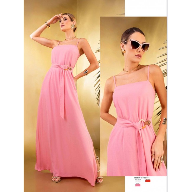 Vestido longo plano com faixa de amarração| Tigrara